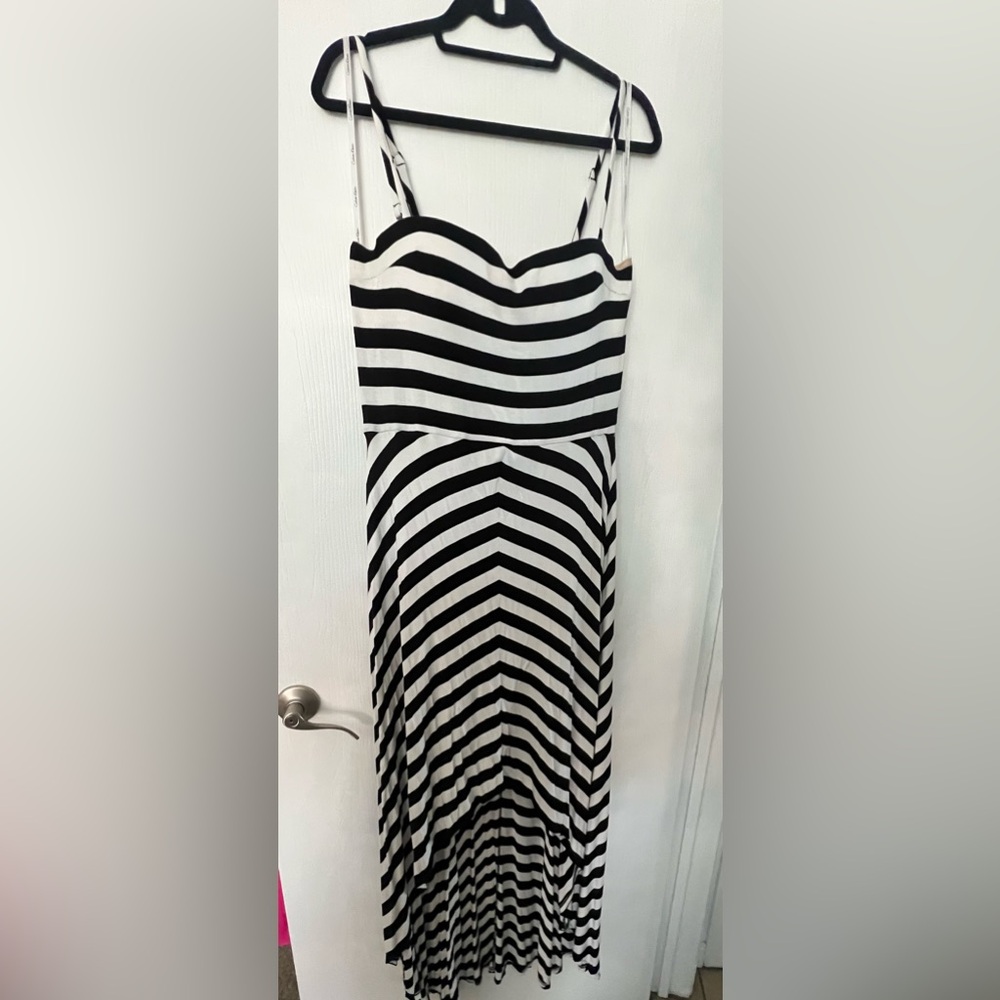 Calvin Klein Black and White Striped Hi-Lo Maxi Dress